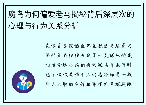 魔鸟为何偏爱老马揭秘背后深层次的心理与行为关系分析 魔鸟为何偏爱老马揭秘背后深层次的心理与行为关系分析